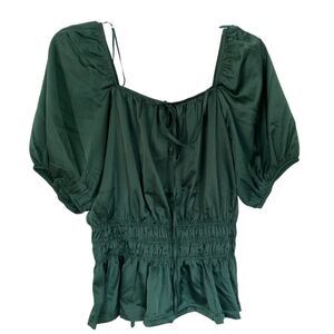 Flower & Feather Dark Green Silk Puff Sleeve Peplum Blouse Size Large